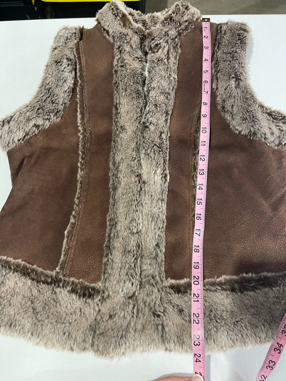 Live a Little Brown Leather Faux Fur Trim Western Cowgirl Vest Size Large - Picture 11 of 15